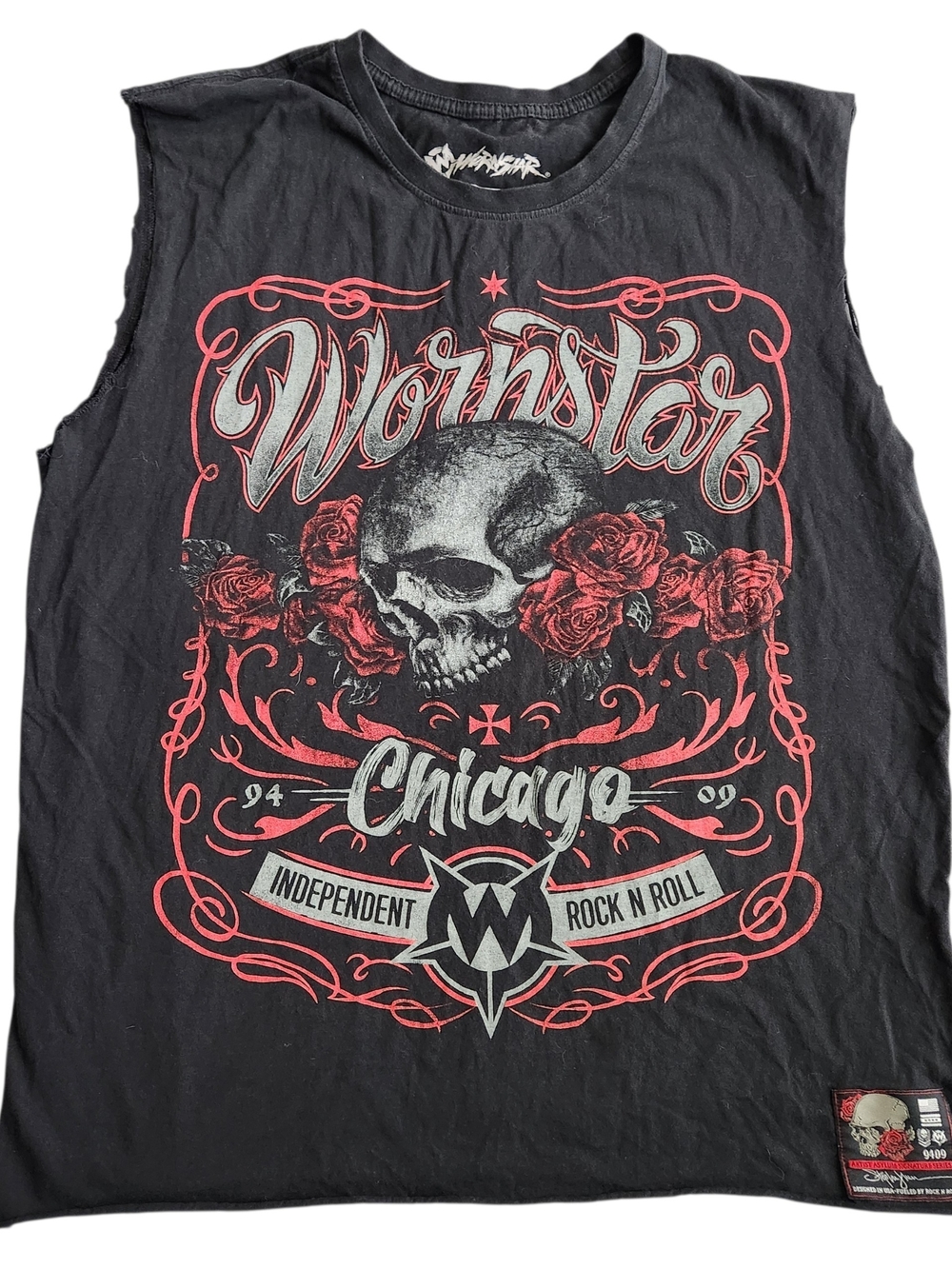 Wornstar Chicago Black Skull Cut Sleeves T-Shirt Men's L Black Trashed Grunge